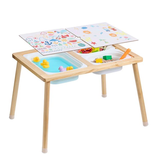 Sensorischer Holztisch für Kinder mit Aufbewahrungsboxen und Wendeblättern