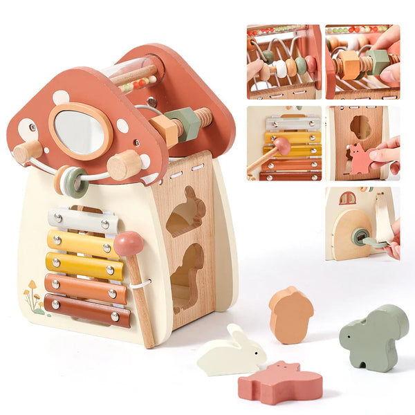 Montessori 5-in-1 Holzspielzeug Pilz – Sensorisches Lernspiel für Kleinkinder