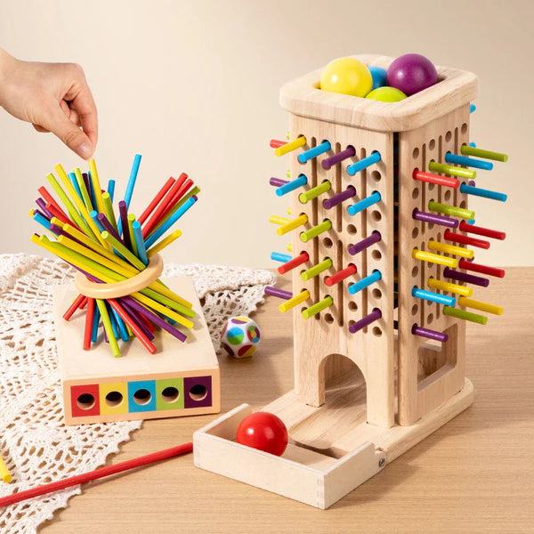 Montessori Holzspielzeug – Stick-Turm mit Würfel für Kinder